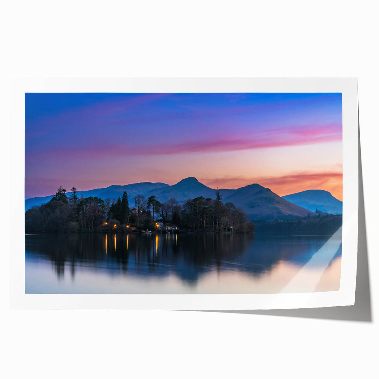 Rolled print of Cumbria landscape with soft floral accents in muted greens and blues, ideal for dining room wall art.