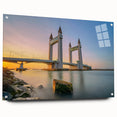 Acrylic print of London skyline in muted gray and blue tones, suitable for bedroom or dining room decor.