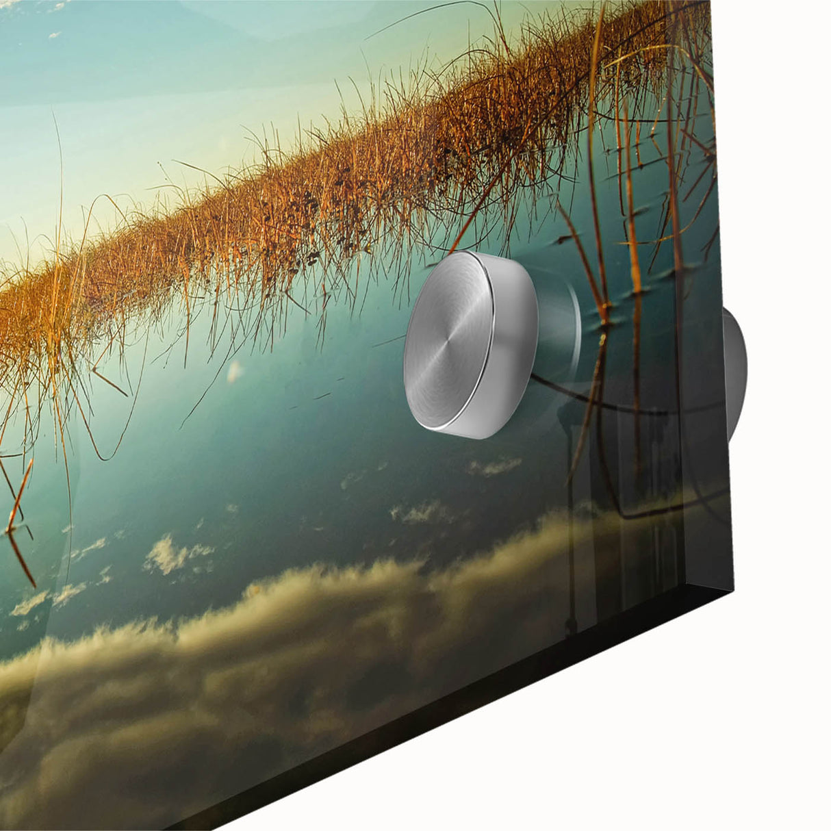 Large abstract wall art featuring muted tones of blue and gray in a mid-century modernist style on acrylic glass.