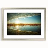 Extra large abstract art print of a European scenery in textured gray and blue tones, framed in silver.