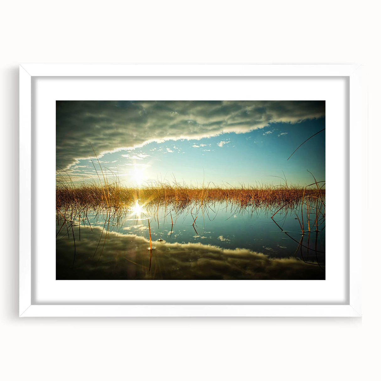 Textured art abstract print depicting a serene Estonian landscape in muted earth tones on a framed white mat.
