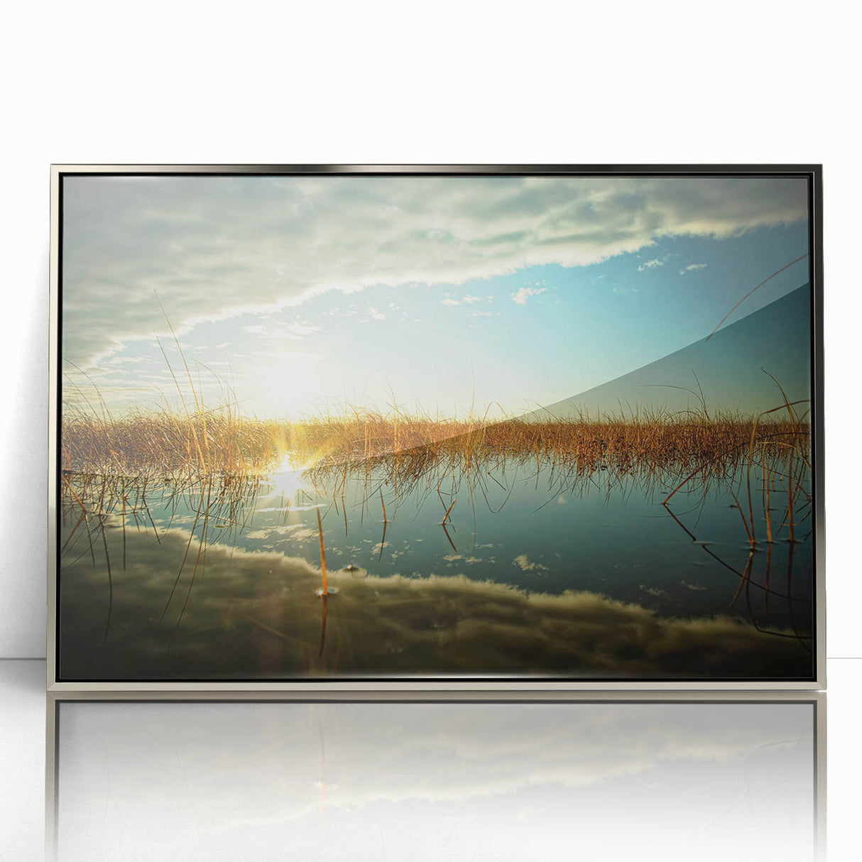 Large art print of a mid-century modernist European scenery in Estonia, framed in silver acrylic.