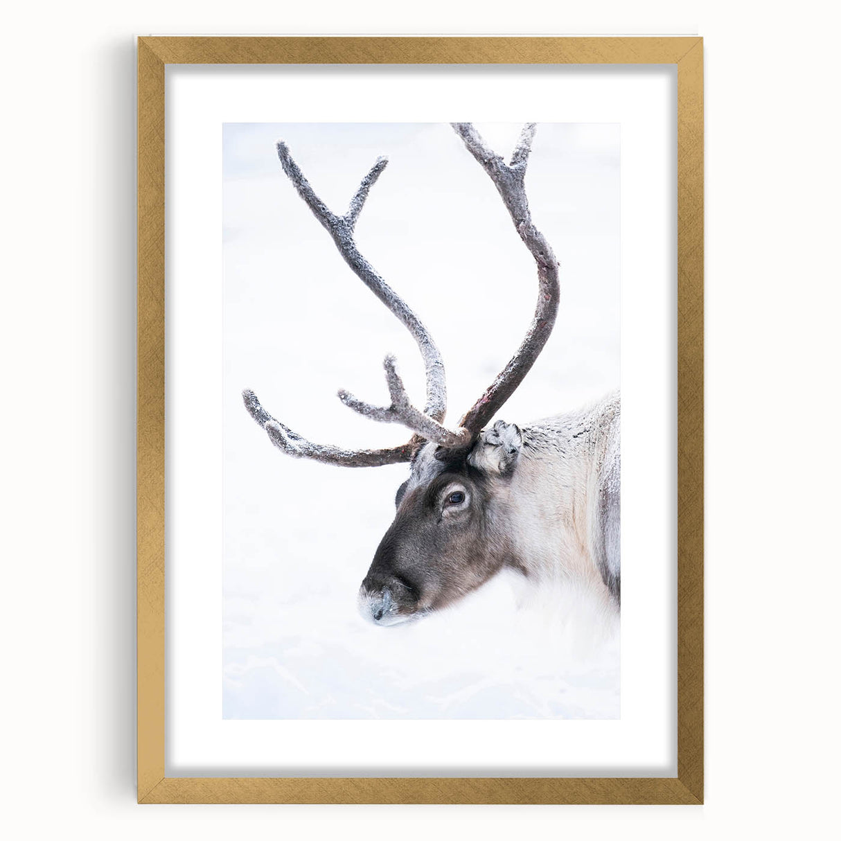 Abstract art print of a serene Finnish landscape in muted blue and green tones, framed in gold, ideal for dining room decor.