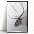 Large abstract wall art of a Finnish landscape in muted gray and blue tones, framed in black acrylic.