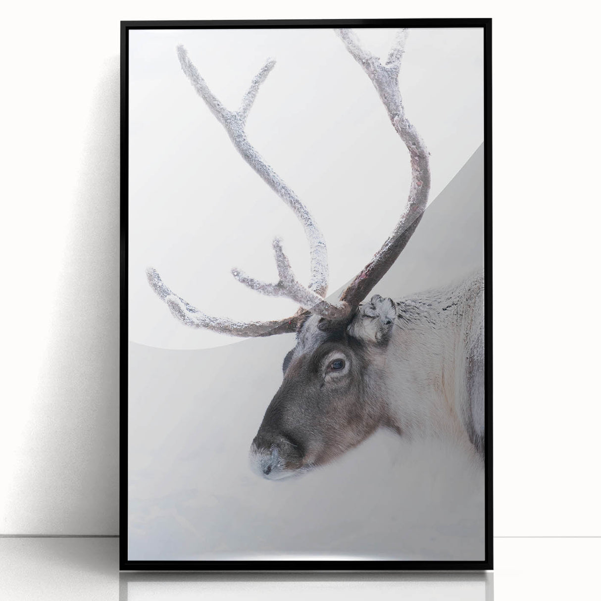 Large abstract wall art of a Finnish landscape in muted gray and blue tones, framed in black acrylic.