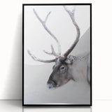 Large abstract wall art of a Finnish landscape in muted gray and blue tones, framed in black acrylic.