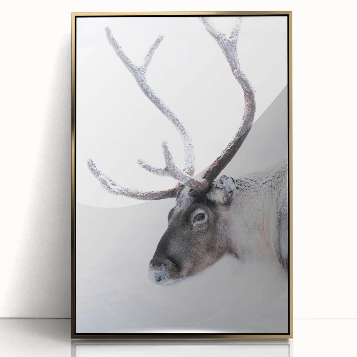 Art Deco-style poster depicting a serene Finnish landscape in muted gold and blue tones, acrylic framed.