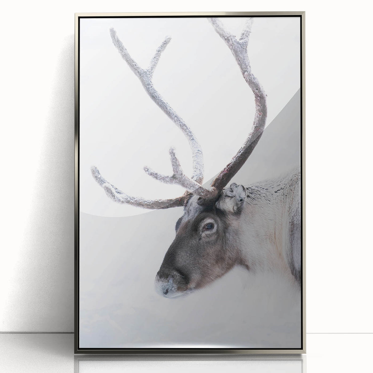 Large art print of a serene Finnish landscape in muted green and blue tones, framed in silver acrylic.