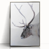 Large art print of a serene Finnish landscape in muted green and blue tones, framed in silver acrylic.