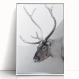 Mid-century modernist art of a serene Finnish landscape in cool blue and green tones, acrylic print framed in white.