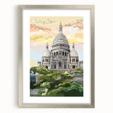 Extra large wall art featuring an abstract depiction of a Paris scene in textured grays and blues, framed in silver.
