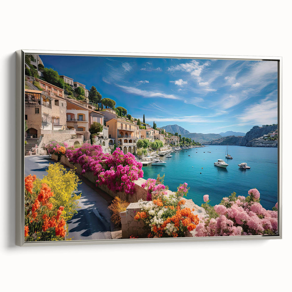 Landscape art painting of Provence featuring silver-framed canvas, vibrant colors, ideal for living room decor.