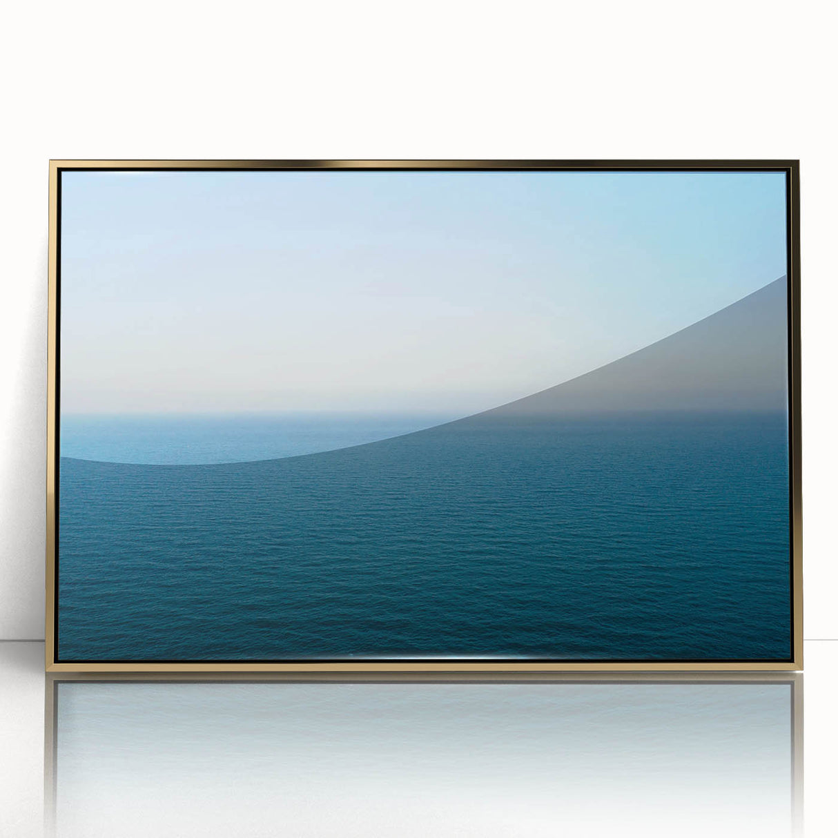 Art Deco style poster of a scenic South France landscape in muted gold and blue tones, acrylic framed.