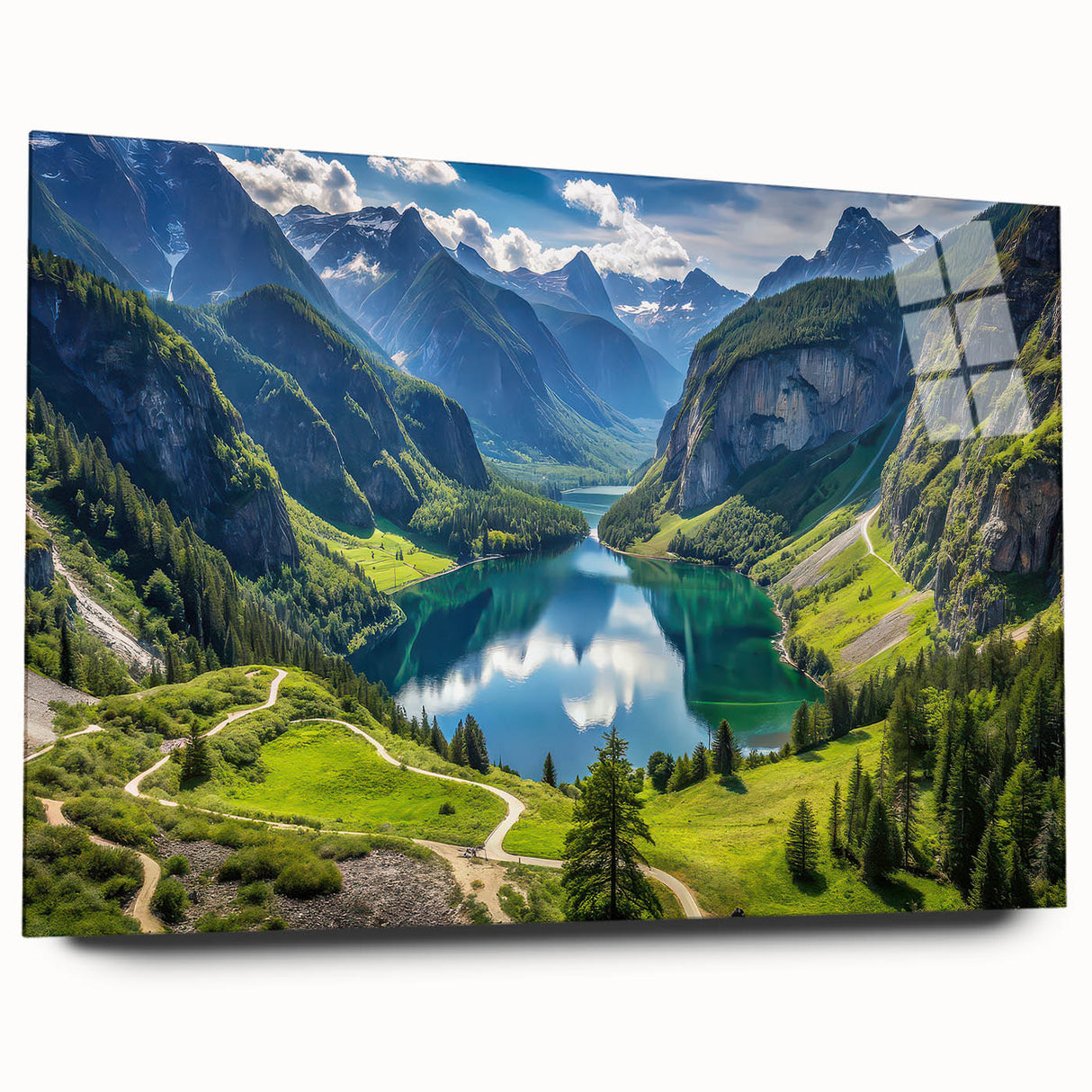 Acrylic print of a Bavarian landscape in muted greens and blues, ideal for bedroom or dining room art.