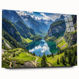Acrylic print of a Bavarian landscape in muted greens and blues, ideal for bedroom or dining room art.