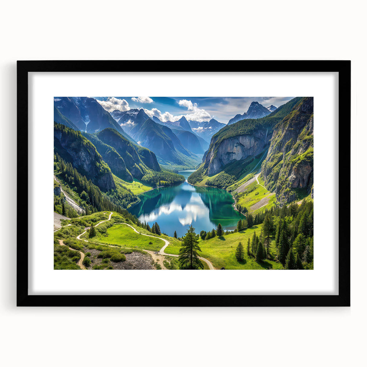 Extra large abstract art print of a colorful Bavarian landscape on textured canvas, framed in black.