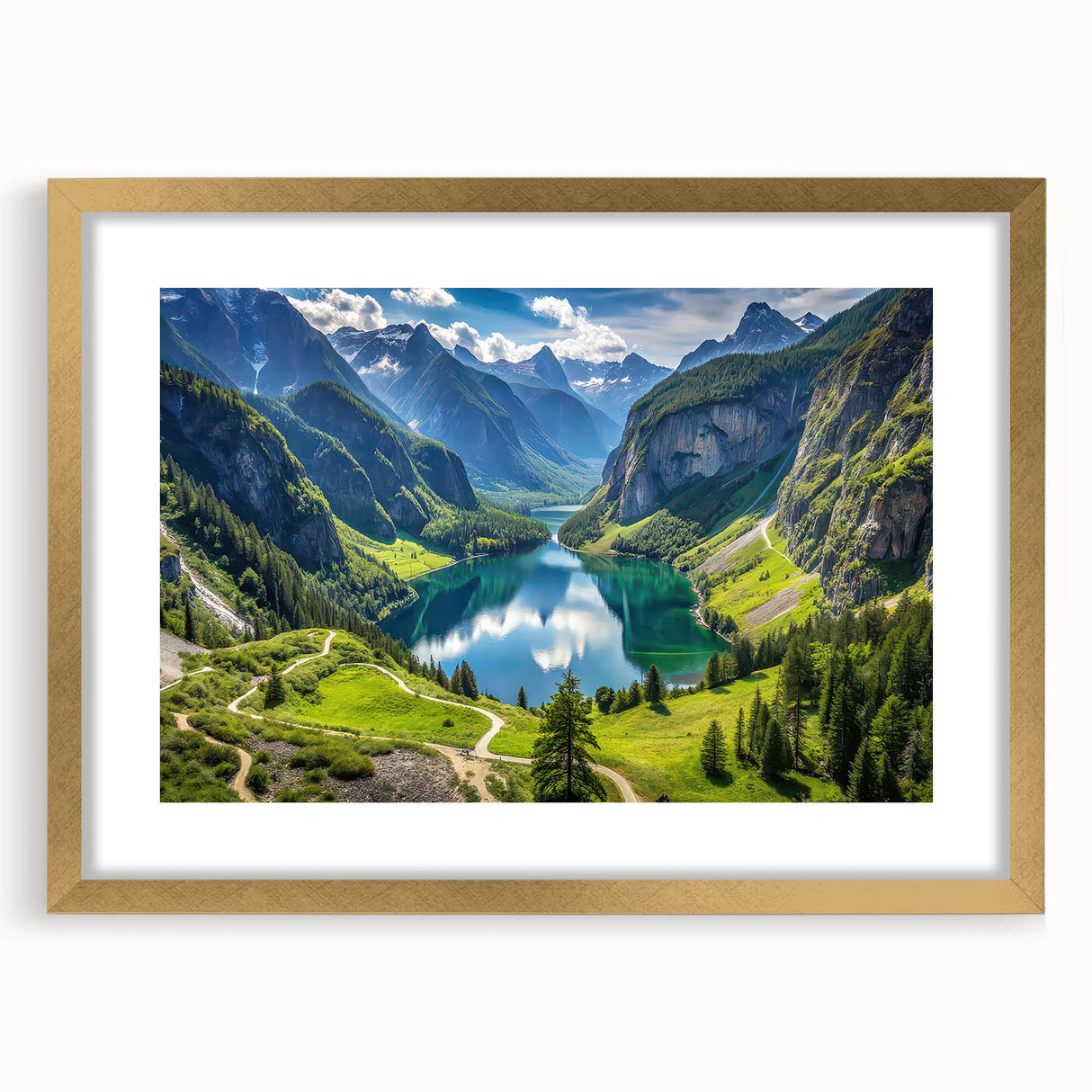 Abstract art print of a Bavarian landscape in muted earth tones on a framed canvas, suitable for dining room decor.
