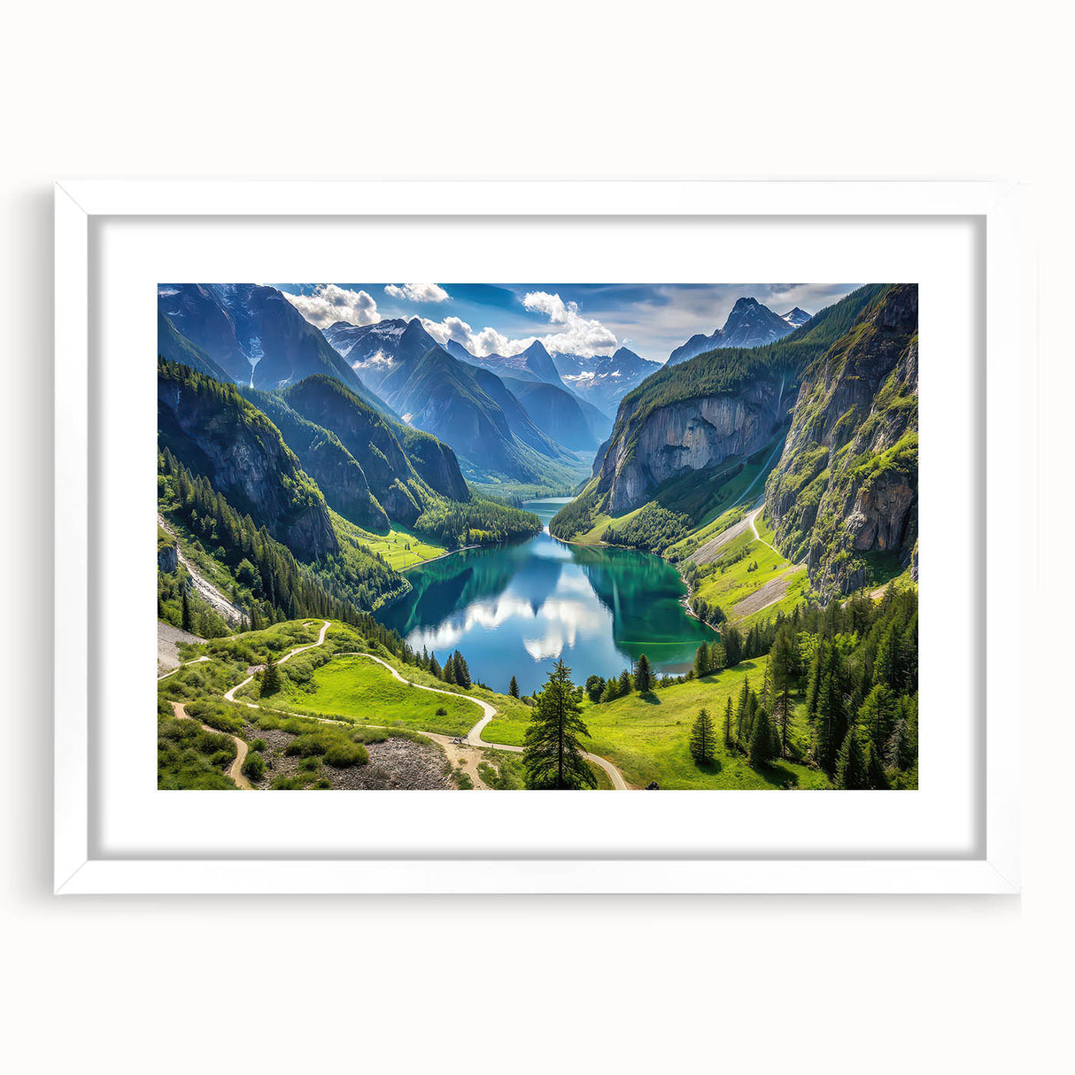 Textured abstract art print of a Bavarian landscape in muted earth tones, framed with a white mat.