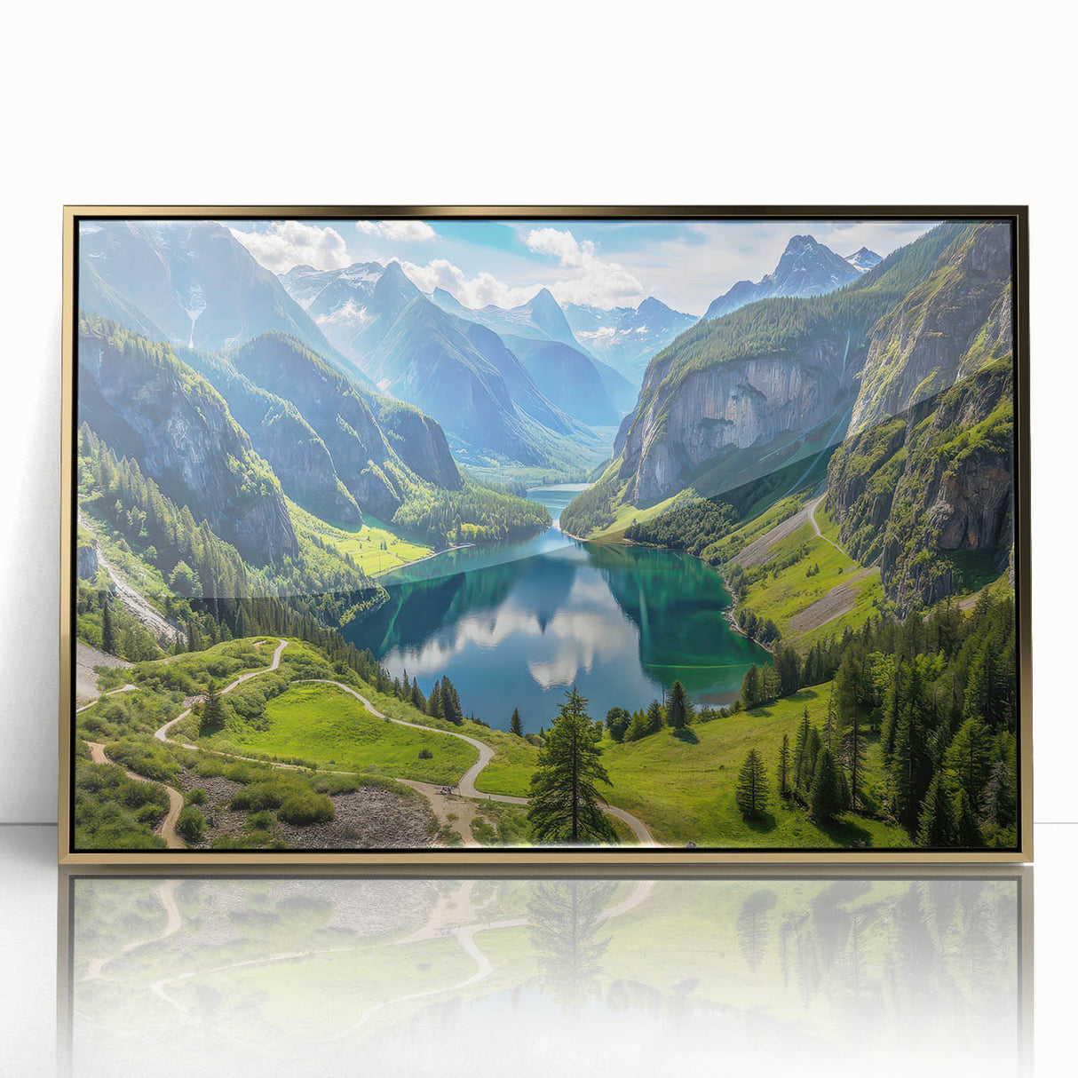 Art deco poster of Bavarian scenery in gold frame, featuring muted earth tones, ideal for modern art wall decor.