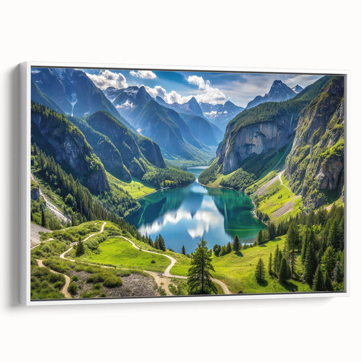 Vintage poster art of a Bavarian landscape on a framed canvas, featuring vibrant colors, ideal for living room decor.