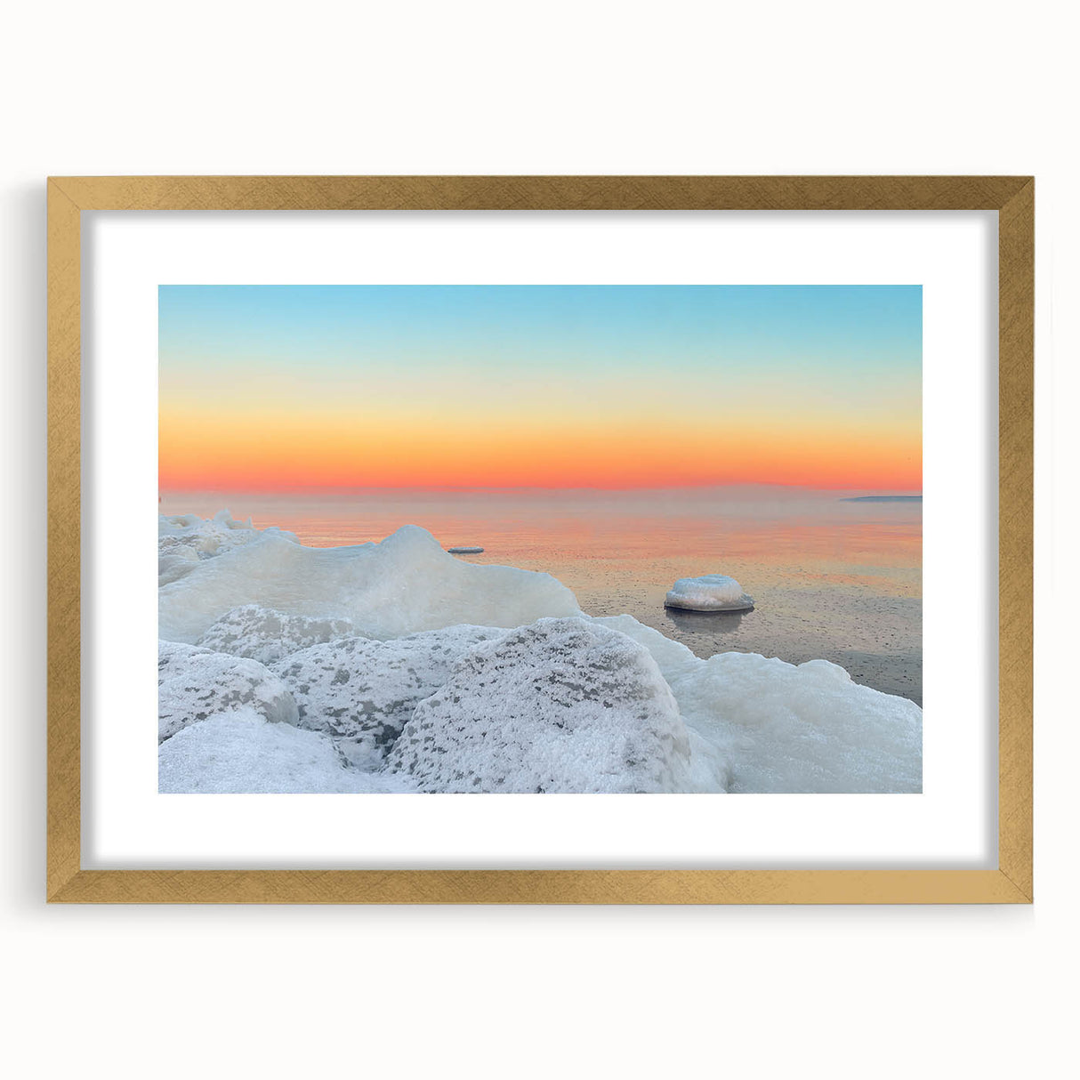 Abstract art print depicting a European Lithuanian scenery in gold frame with mat, suitable for bedroom or dining room decor.