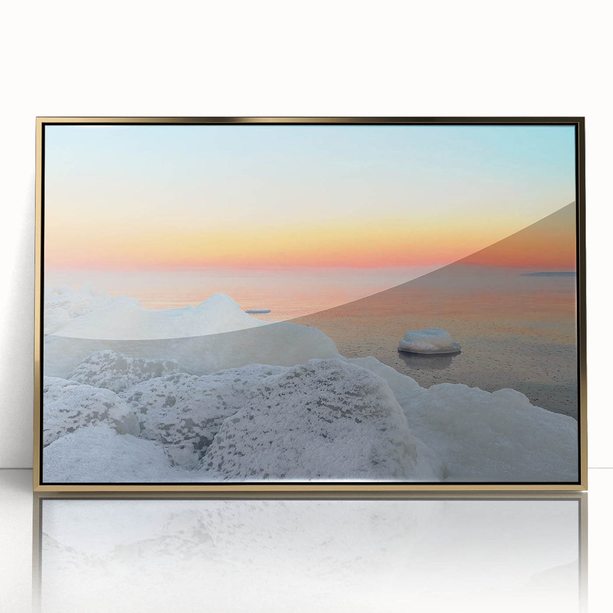 Art deco poster depicting a serene Lithuanian landscape in muted gold tones, framed acrylic, ideal for modern art wall decor.