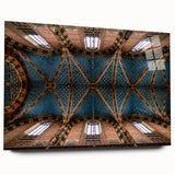 Acrylic print of a large abstract depiction of a European scenery in muted earth tones.