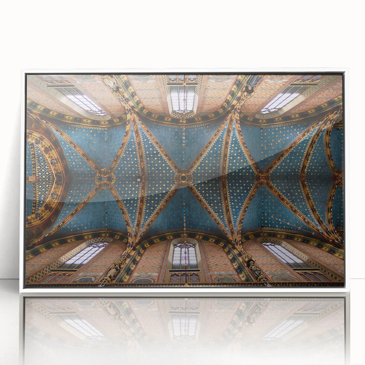 Mid-century modernist art depicting a serene Polish landscape in muted green and blue tones, framed acrylic.
