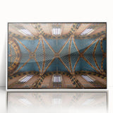 Mid-century modernist art depicting a serene Polish landscape in muted green and blue tones, framed acrylic.