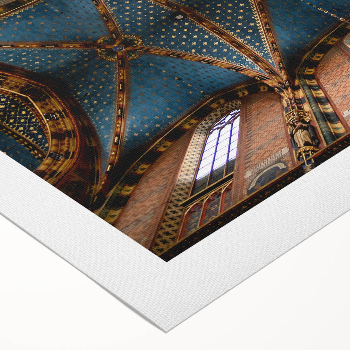 Art deco poster of a European cityscape in muted pastel shades on rolled canvas, suitable for dining room decor.