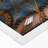 Art deco poster of a European cityscape in muted pastel shades on rolled canvas, suitable for dining room decor.