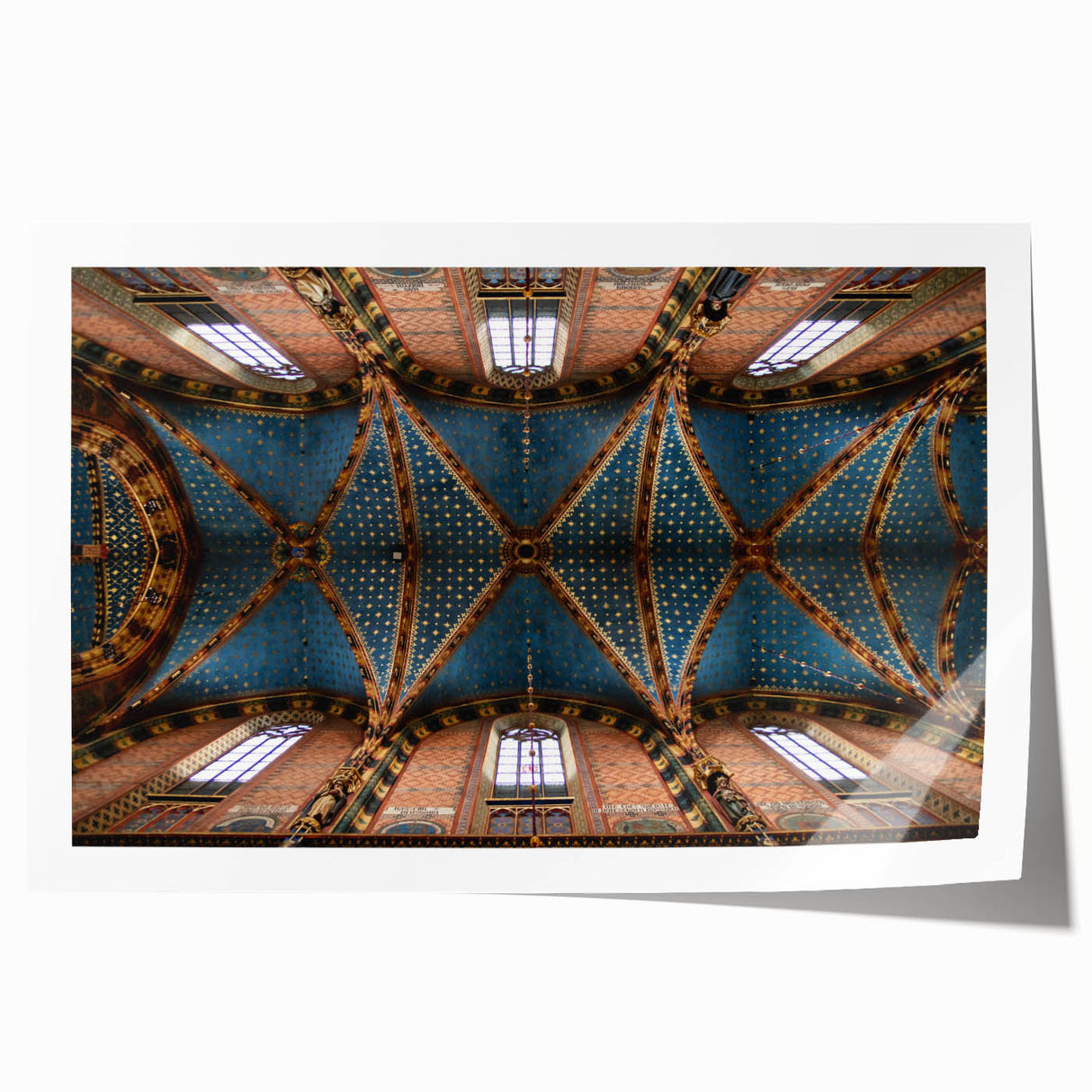 Rolled print of a European scenery with vibrant floral elements in pastel shades, ideal for dining room wall art.