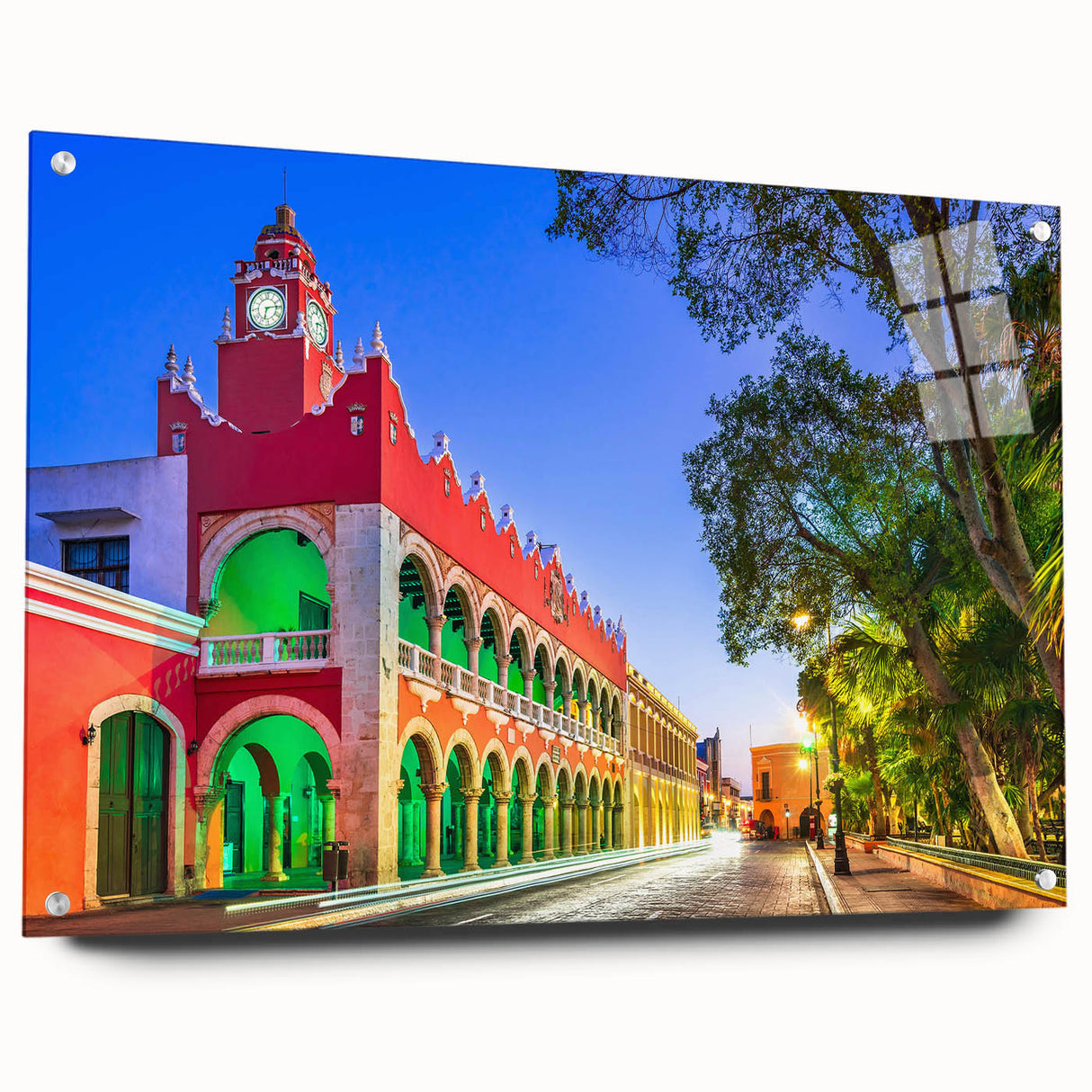 Acrylic print of a large abstract depiction of Yucatán scenery in vibrant earth tones, ideal for dining room decor.