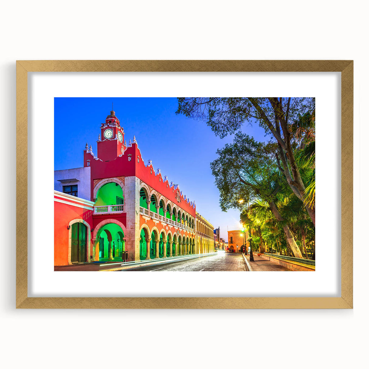 Extra large framed abstract art print of a Mexican Yucatan scenery in muted earth tones, suitable for living room decor.