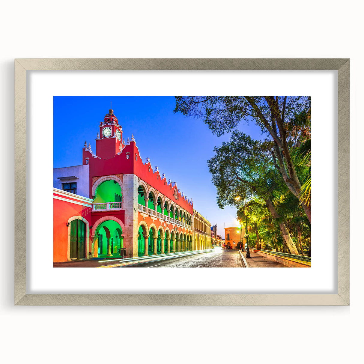 Textured abstract art print of Yucatan scenery in muted earth tones, framed in silver, ideal for bedroom art.