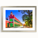 Textured abstract art print of Yucatan scenery in muted earth tones, framed in silver, ideal for bedroom art.