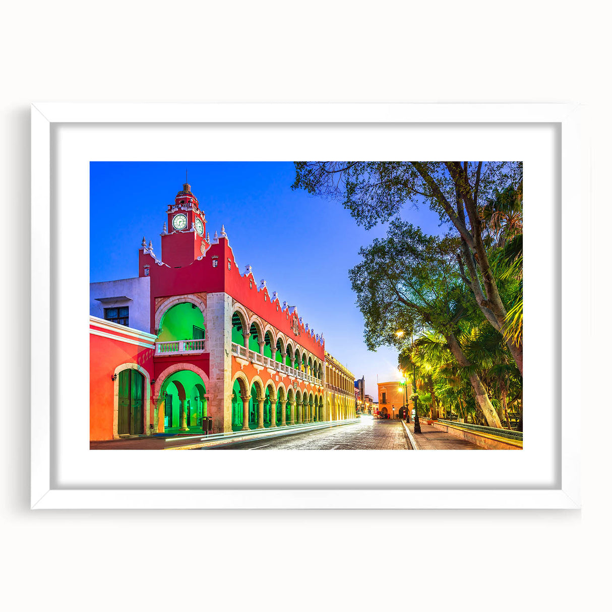 Abstract art print of Yucatán scenery in muted earth tones, framed with a white mat, suitable for dining room decor.
