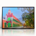 Large abstract wall art depicting a Yucatan scenery in mid-century modernist style, framed in black acrylic.