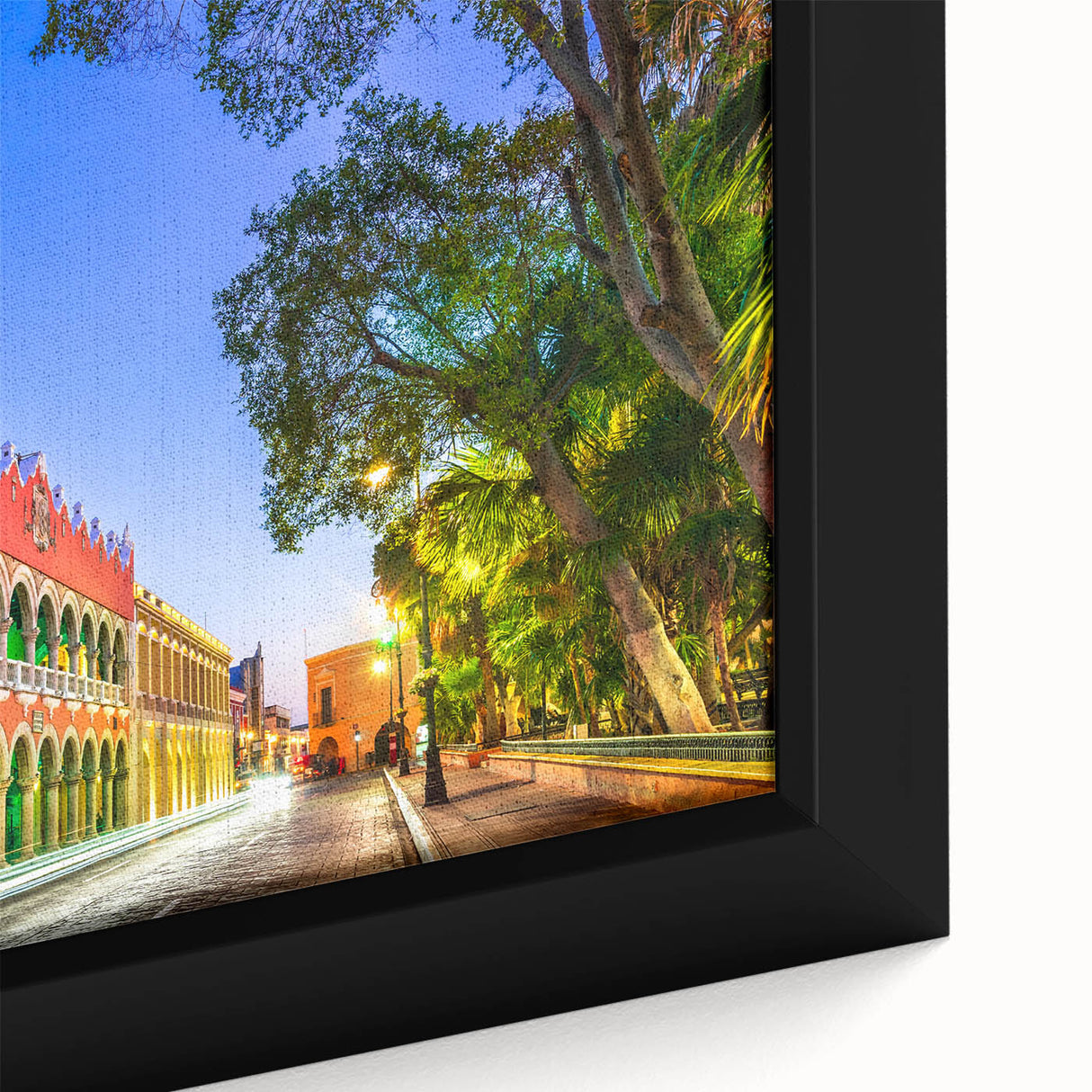 Extra large black wall art featuring a textured, colorful Yucatan scenery on a framed canvas, suitable for living room decor.