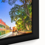 Extra large black wall art featuring a textured, colorful Yucatan scenery on a framed canvas, suitable for living room decor.