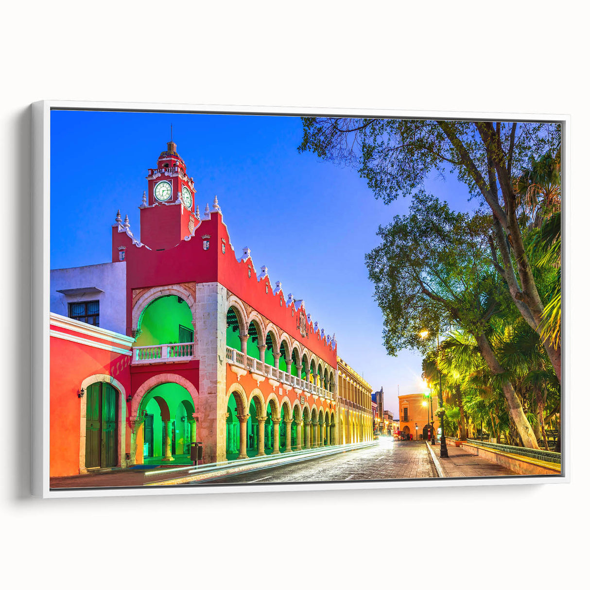 Framed canvas featuring a vintage-style landscape art painting of Mexico's Yucatan in vibrant colors.