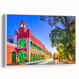 Framed canvas featuring a vintage-style landscape art painting of Mexico's Yucatan in vibrant colors.