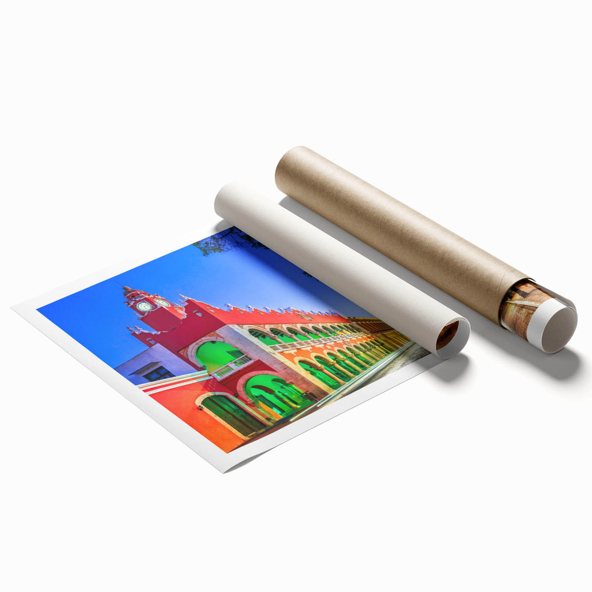 Extra large rolled print of a Yucatan scenery with vibrant floral elements, ideal for classy bathroom wall art.