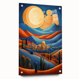 Large abstract wall art depicting a Middle Eastern scenery in muted earth tones on acrylic glass.