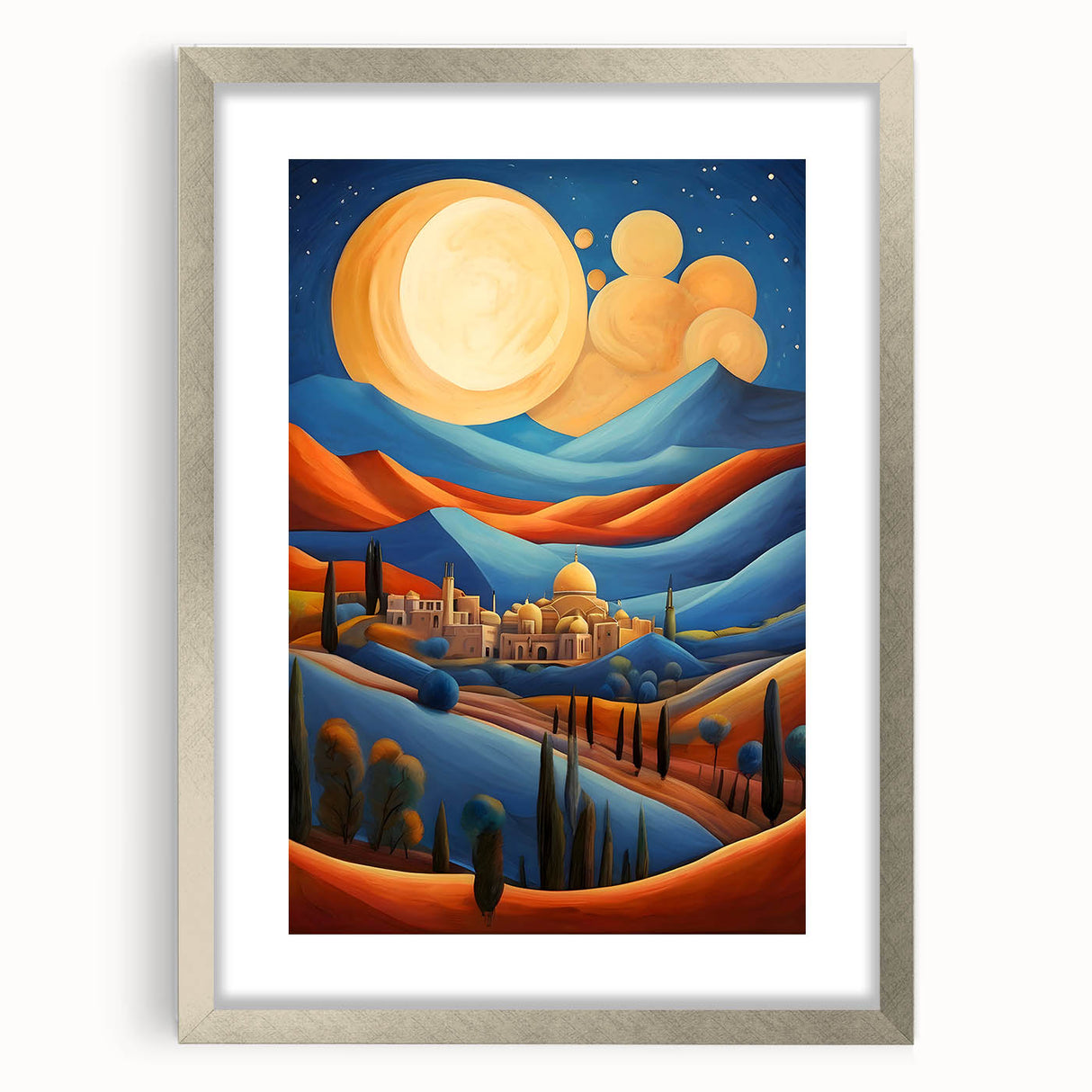 Textured abstract art print of a Middle Eastern scenery in muted earth tones, framed with a silver mat.