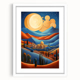 Abstract art print depicting a Middle Eastern scenery in muted earth tones on a framed white mat.