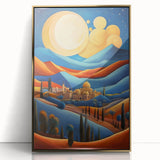 Large acrylic print of a mid-century modernist Iranian scenery in gold tones, suitable for modern art wall decor.