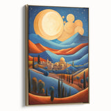 Framed canvas featuring a vintage-style landscape painting of a Middle Eastern scenery in muted gold and black tones.