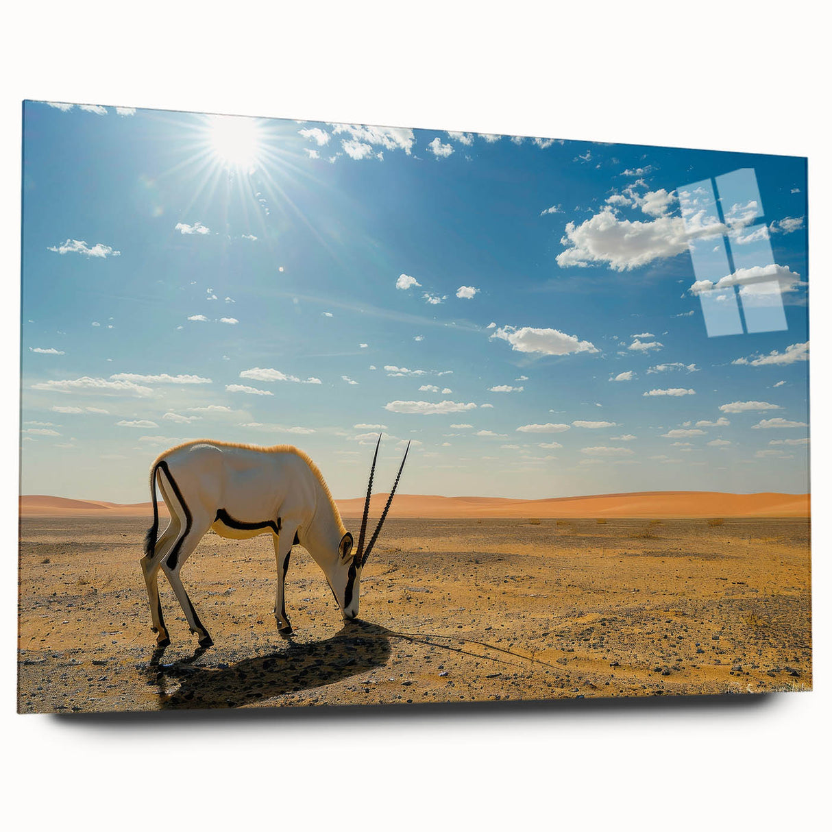 Large abstract wall art depicting a Middle Eastern desert scene in muted earth tones on acrylic glass.
