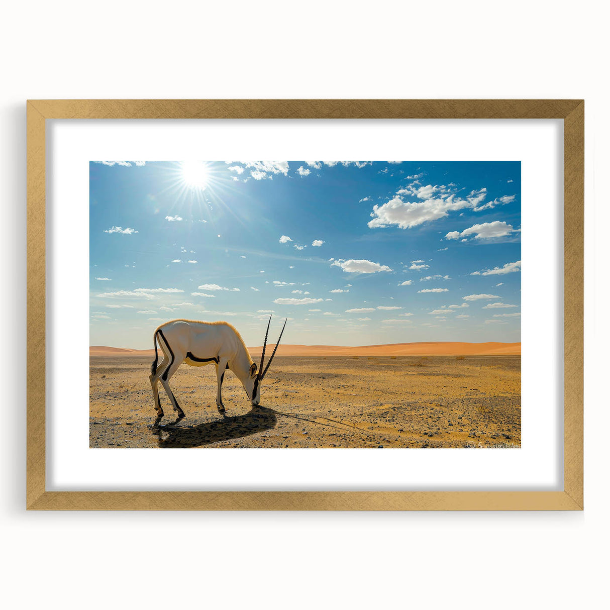 Extra large abstract art print depicting a textured Middle Eastern scenery in muted gold tones.